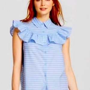 Who What Wear striped button up ruffle neckline shirt
